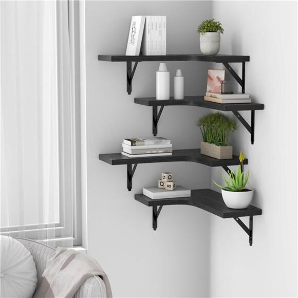 Corner Floating Shelves Wall Mounted Set of 4, Rustic Wood Storage Display Wall - Picture 5 of 8